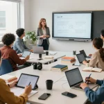 Classroom discussion on sex AI with diverse students engaged in learning about sexuality and technology.