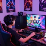 Engaged gamer exploring porn games HTML on a vibrant screen, surrounded by gaming accessories and snacks.