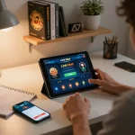Người chơi tham gia sử dụng Link 12bet trên máy tính bảng tại nhà, xung quanh là những ghi chú chiến lược cá cược và không gian ấm cúng.
