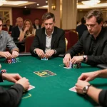 Players engage in high-stakes poker at CM88, showcasing chips and strategies in a luxurious setting.
