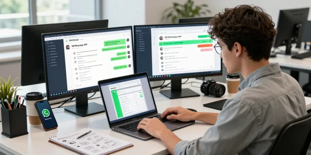 Dynamic developer working on gb whatsapp apk features in a modern office setting.