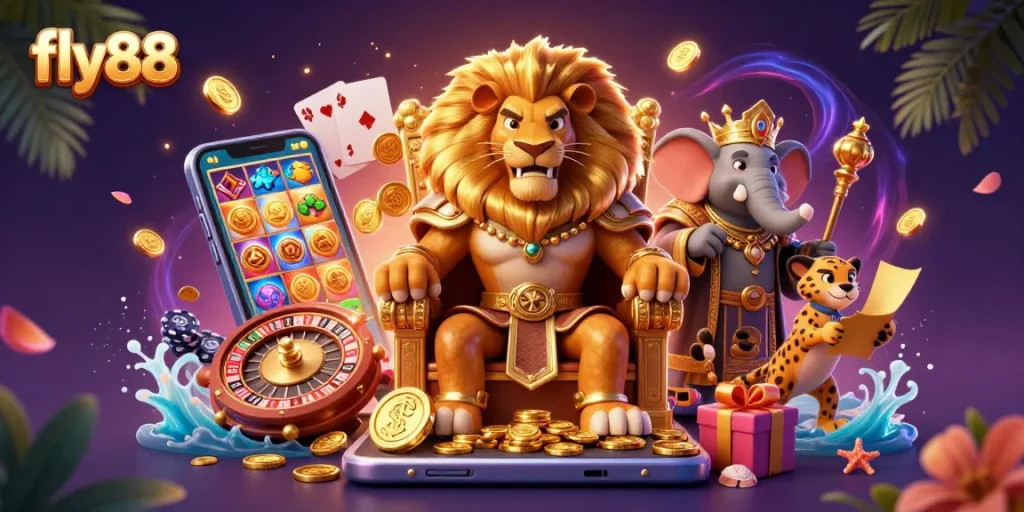 Experience thrilling gaming with fly88 while engaging in a vibrant 3D casino scene featuring iconic characters and exciting game elements.