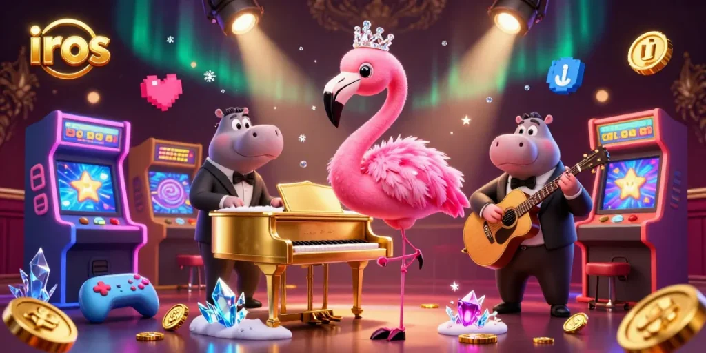 Experience winning vibes at the iros casino with a flamboyant flamingo singer and jazzy hippo bassist amidst interactive gaming elements.