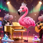Experience winning vibes at the iros casino with a flamboyant flamingo singer and jazzy hippo bassist amidst interactive gaming elements.