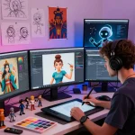 Creating vibrant NSFW AI character designs in a dynamic digital art studio.