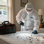 Expert bed bug pest control inspection in a Milwaukee home with technician assessing evidence of infestation.