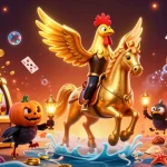 Play thrilling games at mb66 with a golden rooster in a vibrant casino adventure.