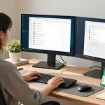 Person using WhatsApp電腦版 on a dual monitor setup in a modern office
