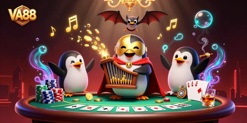 VA88 captures the excitement of gambling with a vibrant casino scene featuring animated characters and rich visual elements.