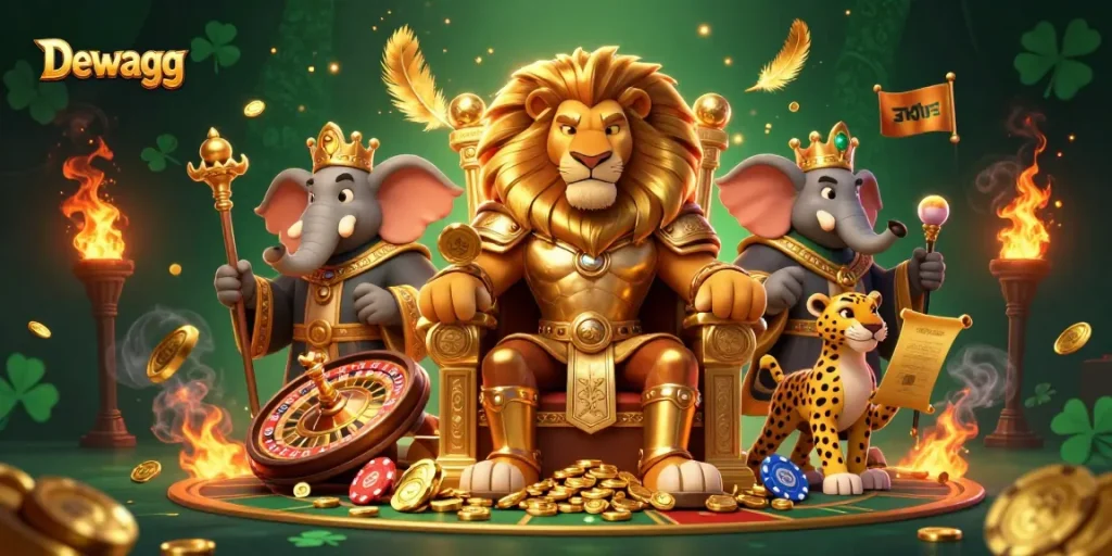Dewagg thrilling slots action showcasing a lion king on gold coins with dynamic casino elements.