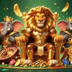 Dewagg thrilling slots action showcasing a lion king on gold coins with dynamic casino elements.