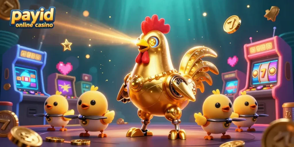 Experience the excitement at a payid online casino with vibrant arcade machines, a golden rooster robot, and dynamic gaming elements.