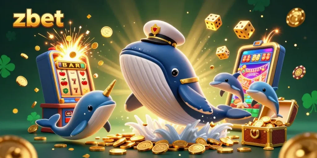 Join the zbet adventure with a whale captain and playful dolphins in a dynamic casino scene.