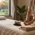 Relaxing 성남출장마사지 scene with a therapist preparing a tranquil space for healing.