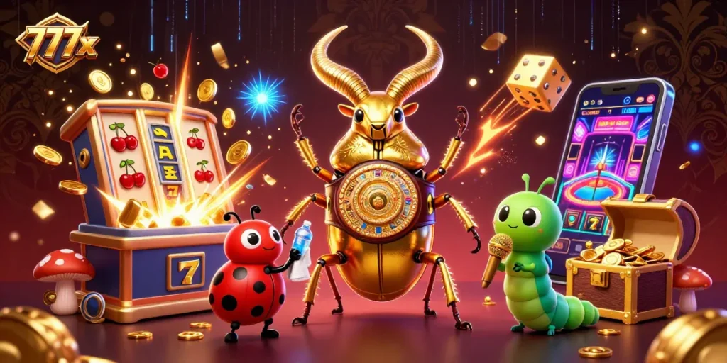 Celebrate big wins with 777x in this vibrant casino showdown featuring colorful characters and jackpot elements.