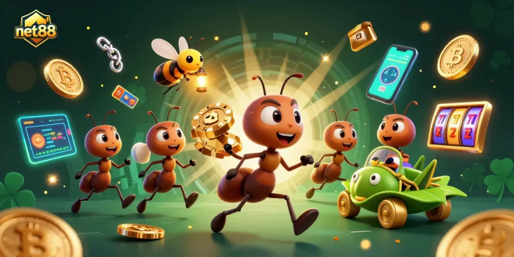 Experience thrilling net88 action with cartoon ants heisting a poker chip in a vibrant casino.