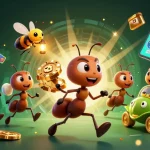Experience thrilling net88 action with cartoon ants heisting a poker chip in a vibrant casino.
