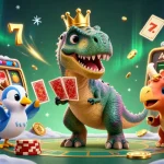 Engage with 888new in a vibrant casino scene featuring a T-Rex and friends playing slots.