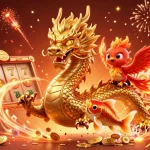 Experience dynamic gameplay at hm88 with a golden dragon, phoenix, and koi amidst a festival of gaming elements.