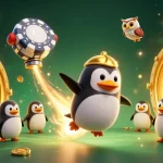 Experience thrilling adventures with 9bet as a golden penguin soars past a dazzling casino in outer space.