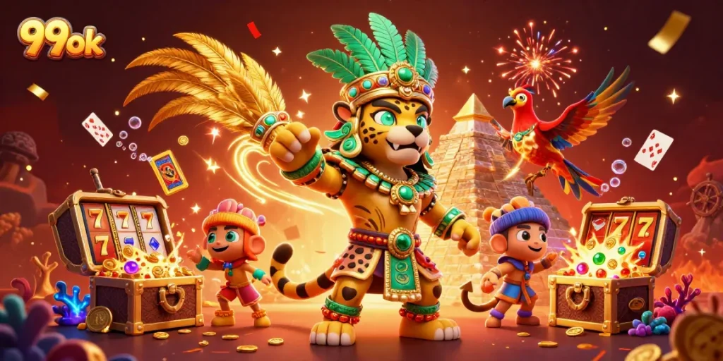 Engage in thrilling gameplay with 99ok's dynamic 3D casino illustration showcasing vibrant slot reels and animated treasures.