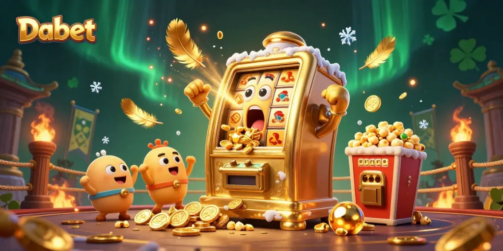Dabet slot machine triumphing with coins spilling as it celebrates its jackpot win, surrounded by cheering mini slot friends.