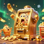 Dabet slot machine triumphing with coins spilling as it celebrates its jackpot win, surrounded by cheering mini slot friends.
