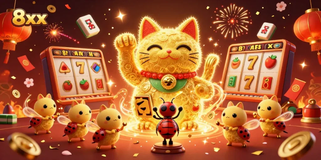 Experience luck with 8xx's animated golden lucky cat and vibrant casino elements.