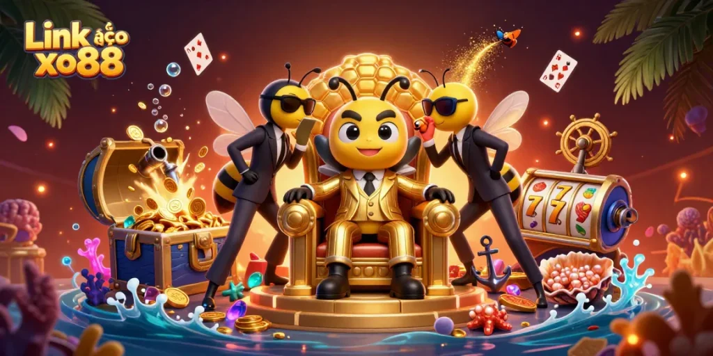 Win big with Link vào xo88 featuring a bumblebee mob boss in a thrilling 3D casino scene.
