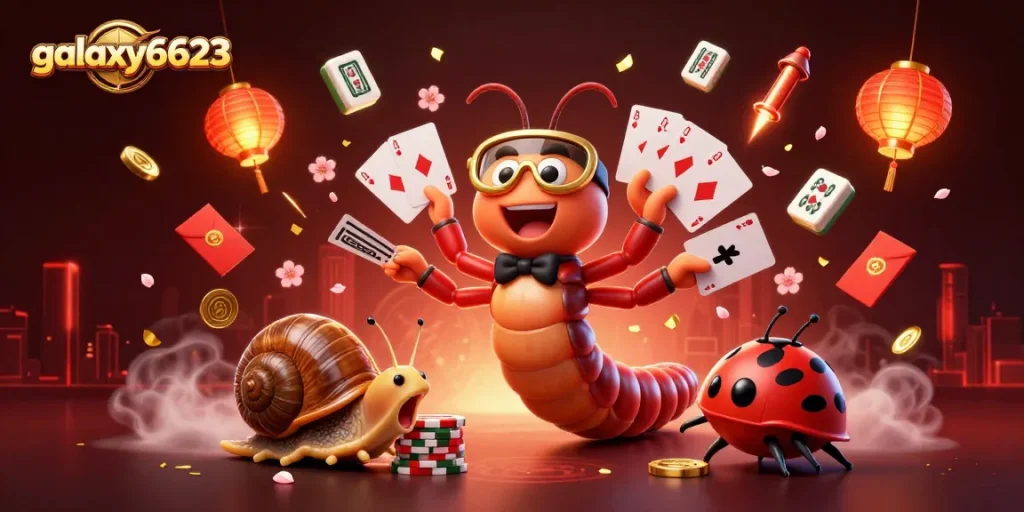 Join the excitement at galaxy6623 with our colorful 3D casino illustration showcasing playful characters and festive elements.