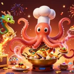 Socolive trực tiếp bóng đá showcasing a lively scene with an octopus chef preparing dishes amidst celebratory casino elements.
