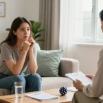 Young woman discussing anxiety treatment, exploring if 1mg clonazepam is a high dose for anxiety in a peaceful therapy room.
