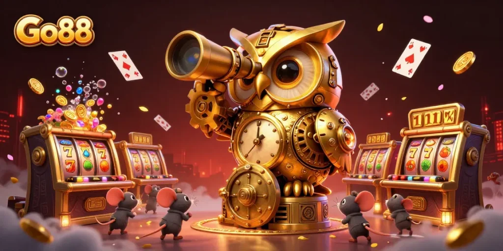 Engage with Go 88's vibrant casino scene featuring a clockwork owl scanning slot machines amidst gold treasure.