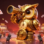 Engage with Go 88's vibrant casino scene featuring a clockwork owl scanning slot machines amidst gold treasure.