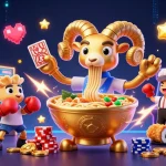 Kèo nhà cái offers card dealing with creative casino elements, featuring a giant ramen bowl and sushi character.