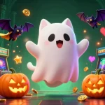 Experience gaming excitement with bl555 in this lively haunted casino scene featuring playful characters.
