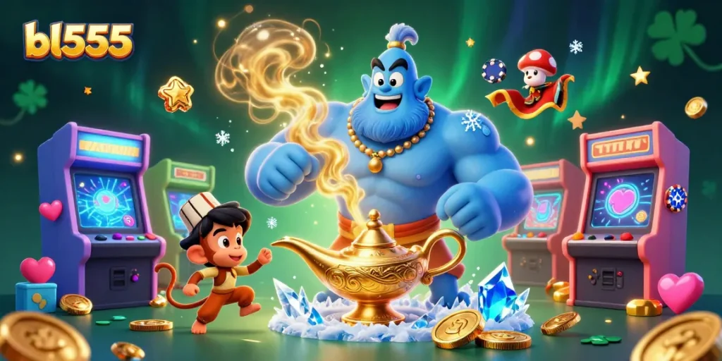 Engage in the vibrant world of bl555 with a colorful casino scene featuring a genie and magical elements.