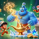 Engage in the vibrant world of bl555 with a colorful casino scene featuring a genie and magical elements.