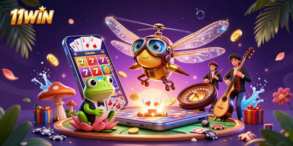 Spin colorful slots and win at 11WIN with vibrant 3D casino illustration featuring engaging characters.
