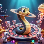 Experience the excitement of 11WIN with cosmic elements in this vibrant gambling scene.