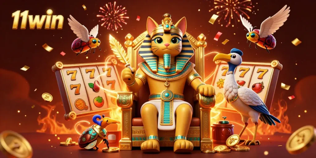 Engage with 11WIN's thrilling casino adventure featuring vibrant pharaohs and slot reels in action.