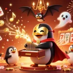 Engage in tà i xỉu sunwin with a vivid 3D illustration of casino elements, including a penguin playing an organ.