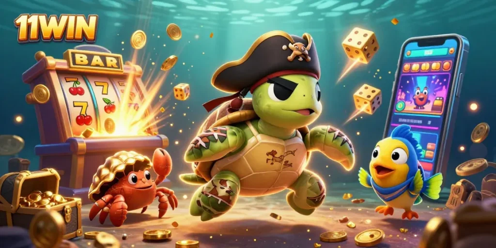 Experience the excitement of 11WIN with a vibrant casino-themed illustration featuring dynamic slot elements.