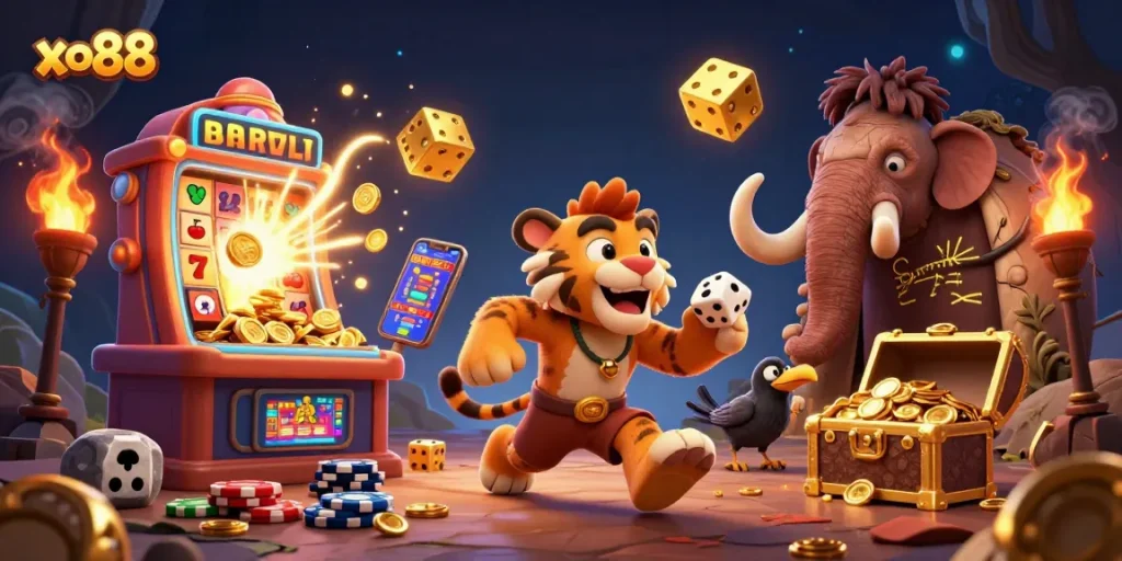 Experience the thrill of odds with xo88 in a prehistoric casino scene as characters celebrate a jackpot!
