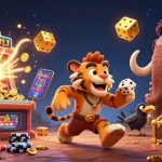 Experience the thrill of odds with xo88 in a prehistoric casino scene as characters celebrate a jackpot!
