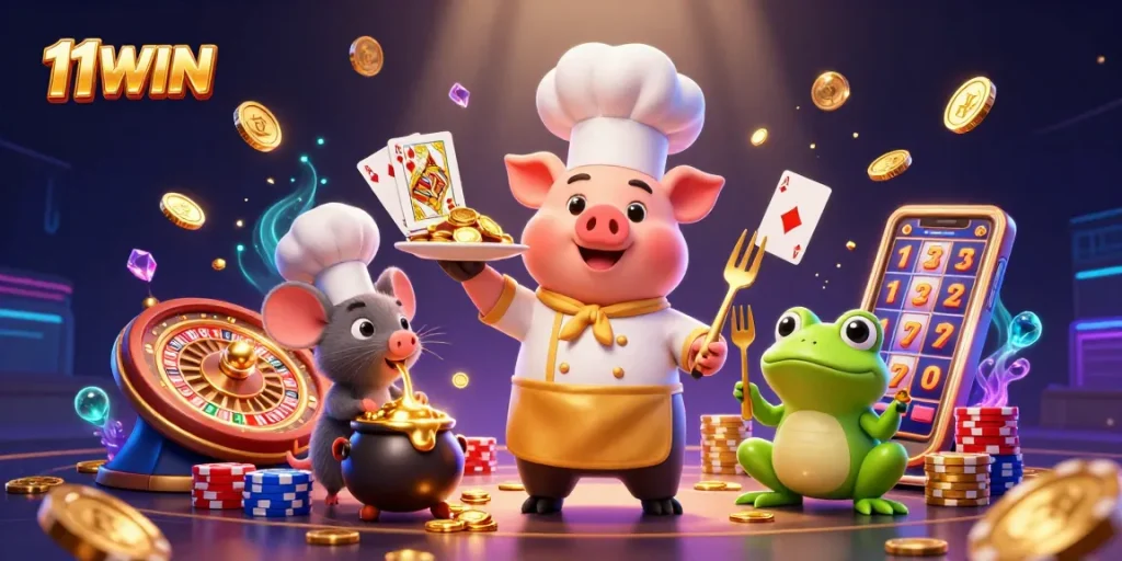 Experience thrilling moments with 11WIN’s vibrant casino characters in a colorful, dynamic scene.
