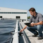 Commercial roofing expert assessing drainage and flat roof systems at https://avatarroofing.com/commercial-roofing-tampa/ in sunny Tampa.