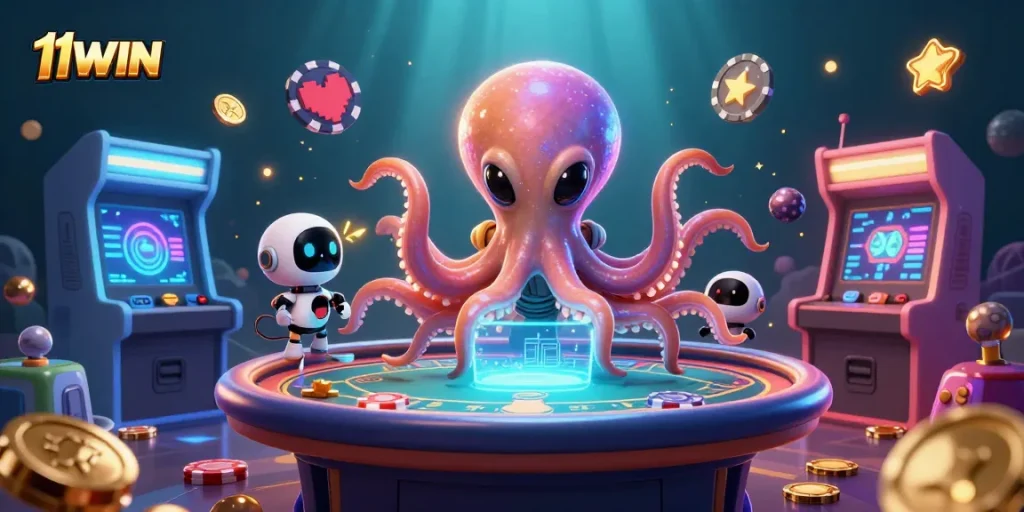 Engage with thrilling moments of 11WIN at a holographic poker table in a fantastic alien world.
