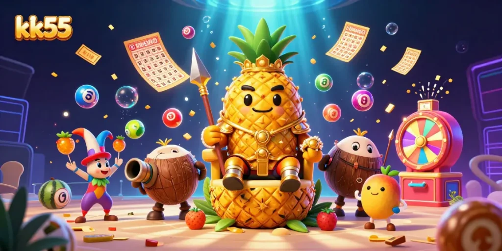 Engage with the colorful world of kk55 at this vibrant beach casino illustration depicting playful characters and thrilling games.