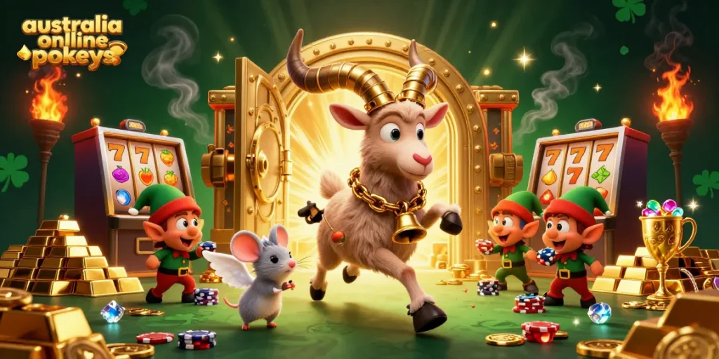 Experience thrilling australia online pokies action inside a spooky casino with Krampus and mischievous elves.